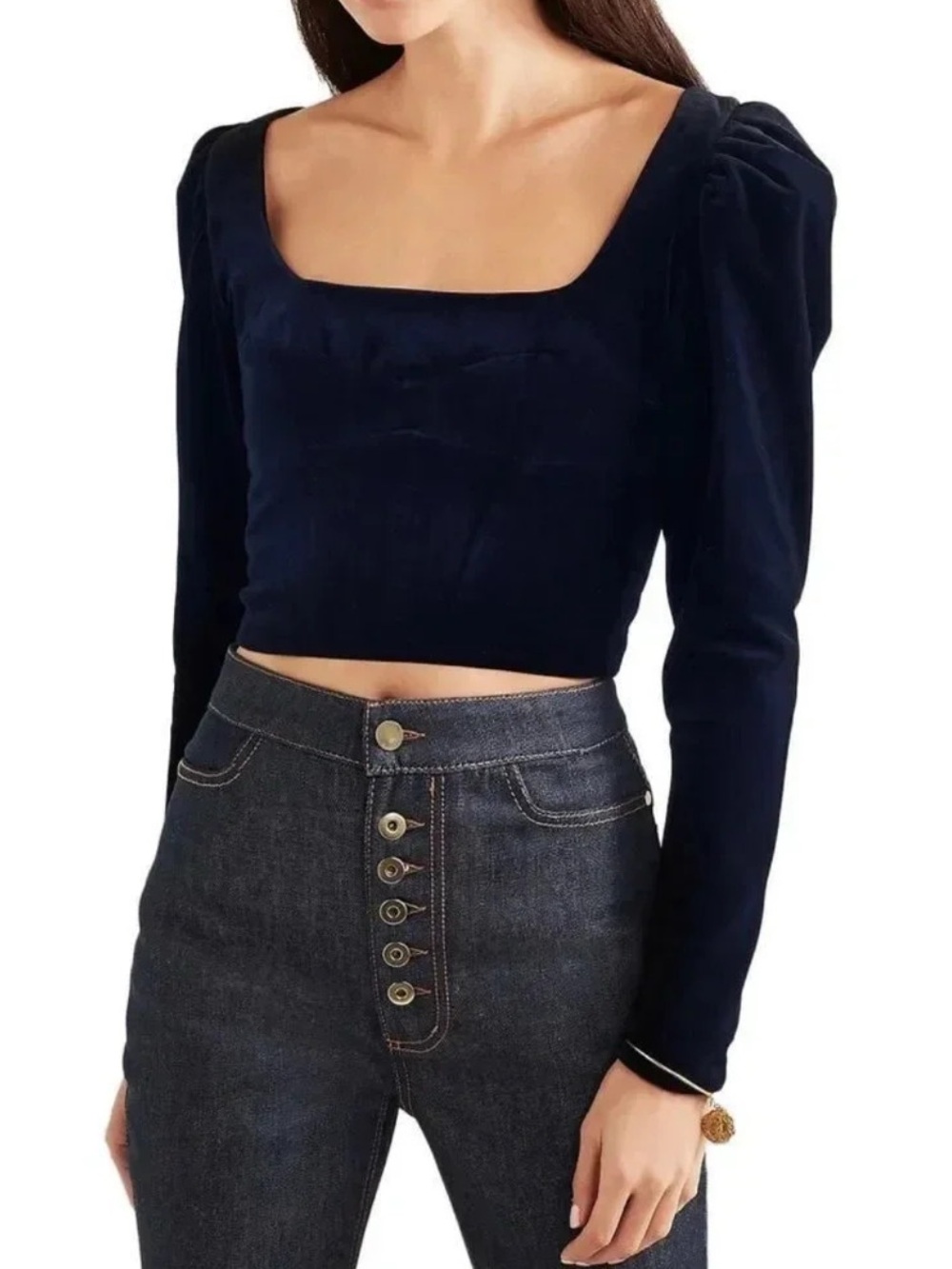 Silvia Tcherassi Navy Square-Neck Long Sleeve Crop Top EUC Sz M